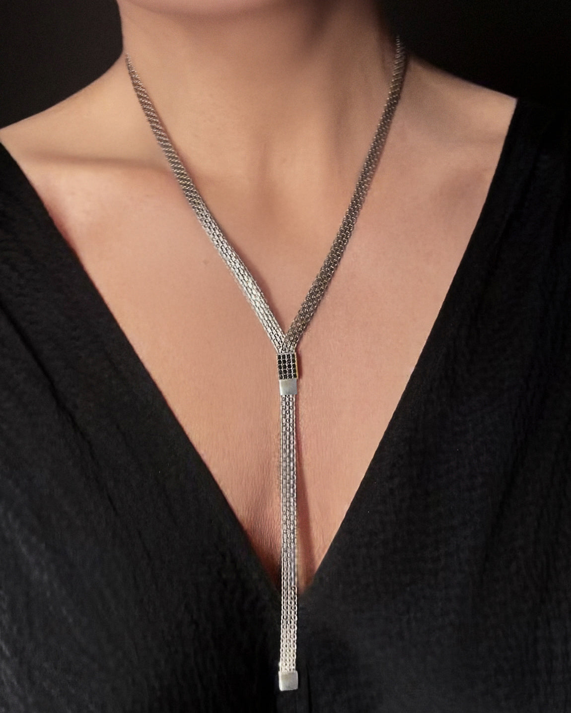 Black Diamond Tie Necklace in Sterling Silver