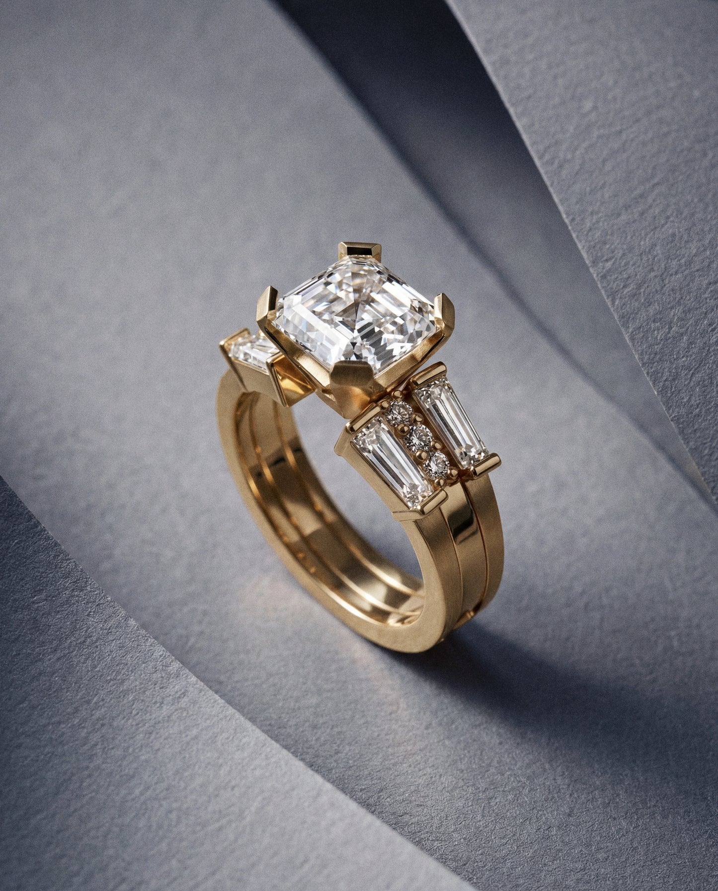 Asscher 2.03 carat Interlock Double Ring Set | Tapered Baguettes + Brilliant Accents | 18K YG