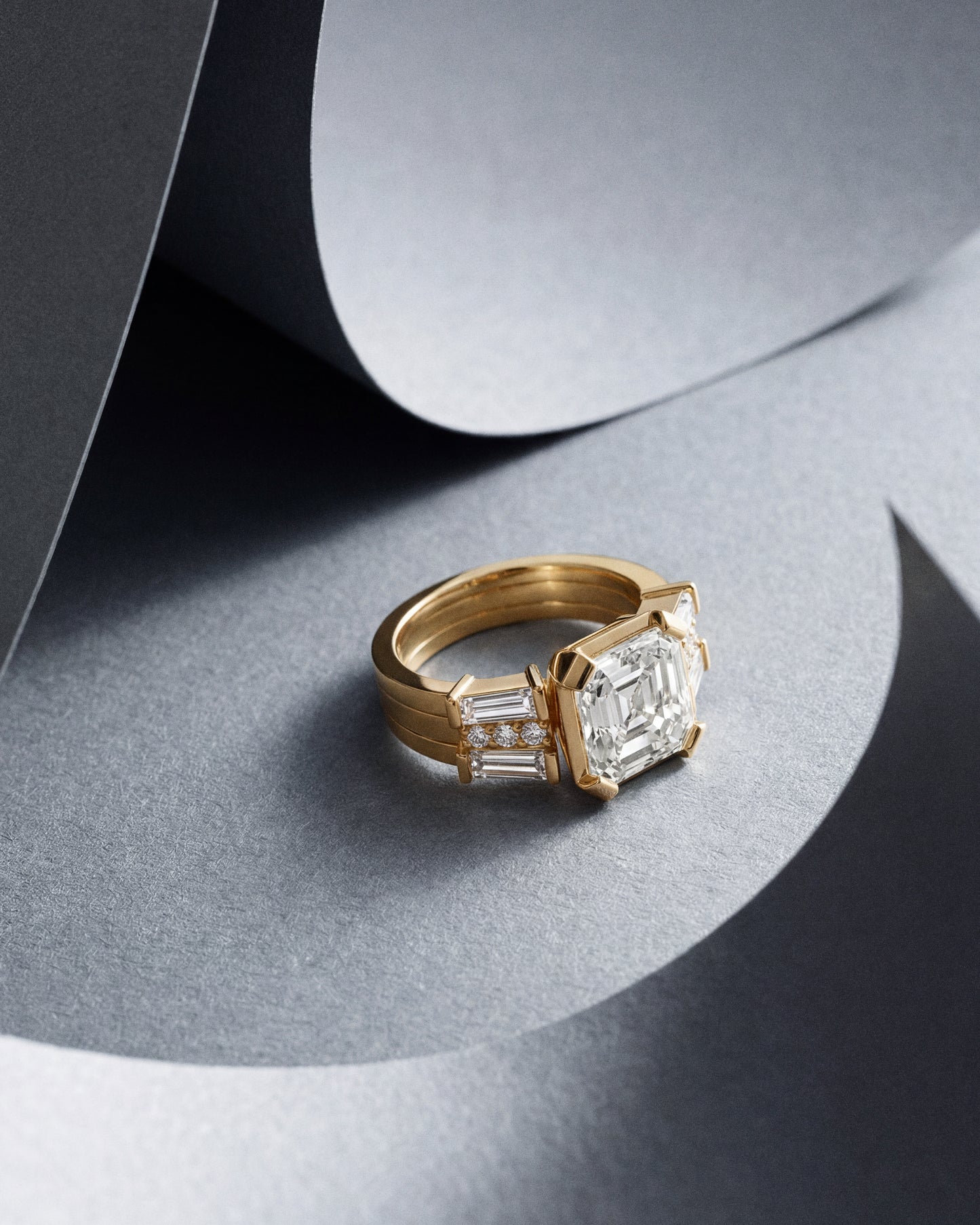 Asscher 2.03 carat Interlock Double Ring Set | Tapered Baguettes + Brilliant Accents | 18K YG