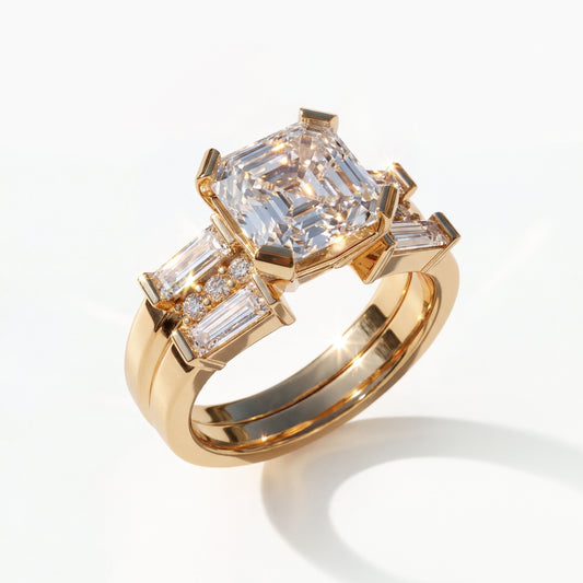 Asscher 2.03ct Interlock Double Ring Set | Tapered Baguettes + Brilliant Accents | 18K YG
