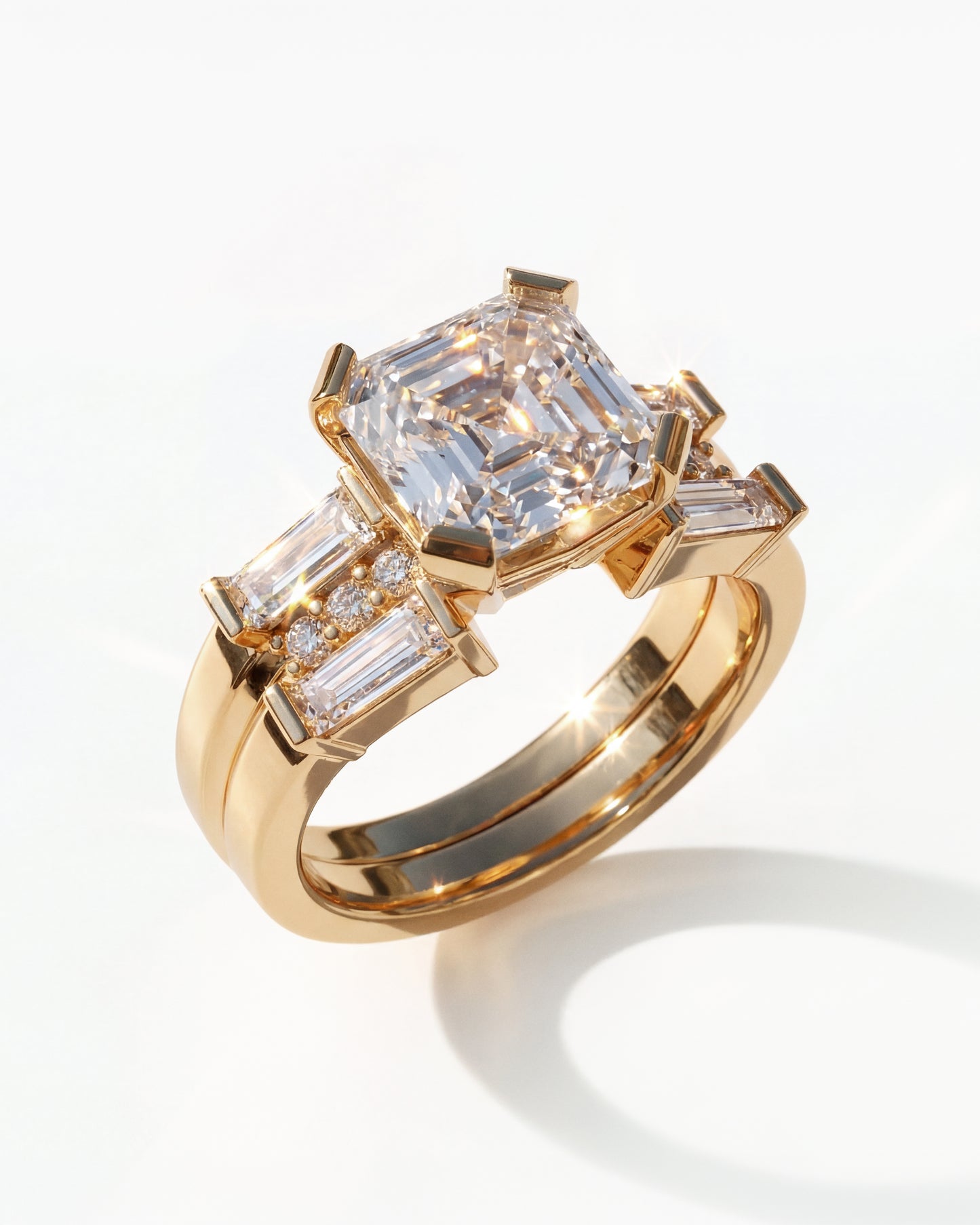 Asscher 2.03 carat Interlock Double Ring Set | Tapered Baguettes + Brilliant Accents | 18K YG