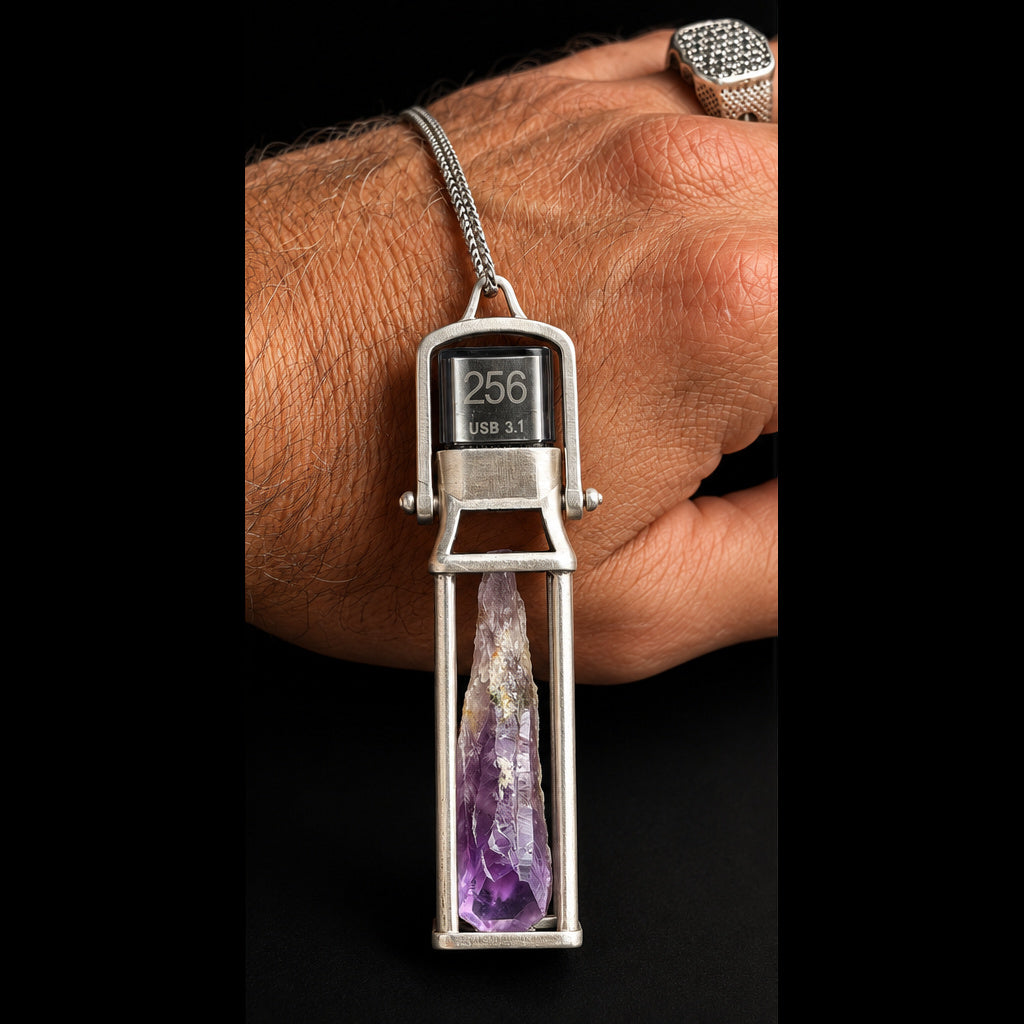 Raw Amethyst USB Drive Necklace — Sterling Silver