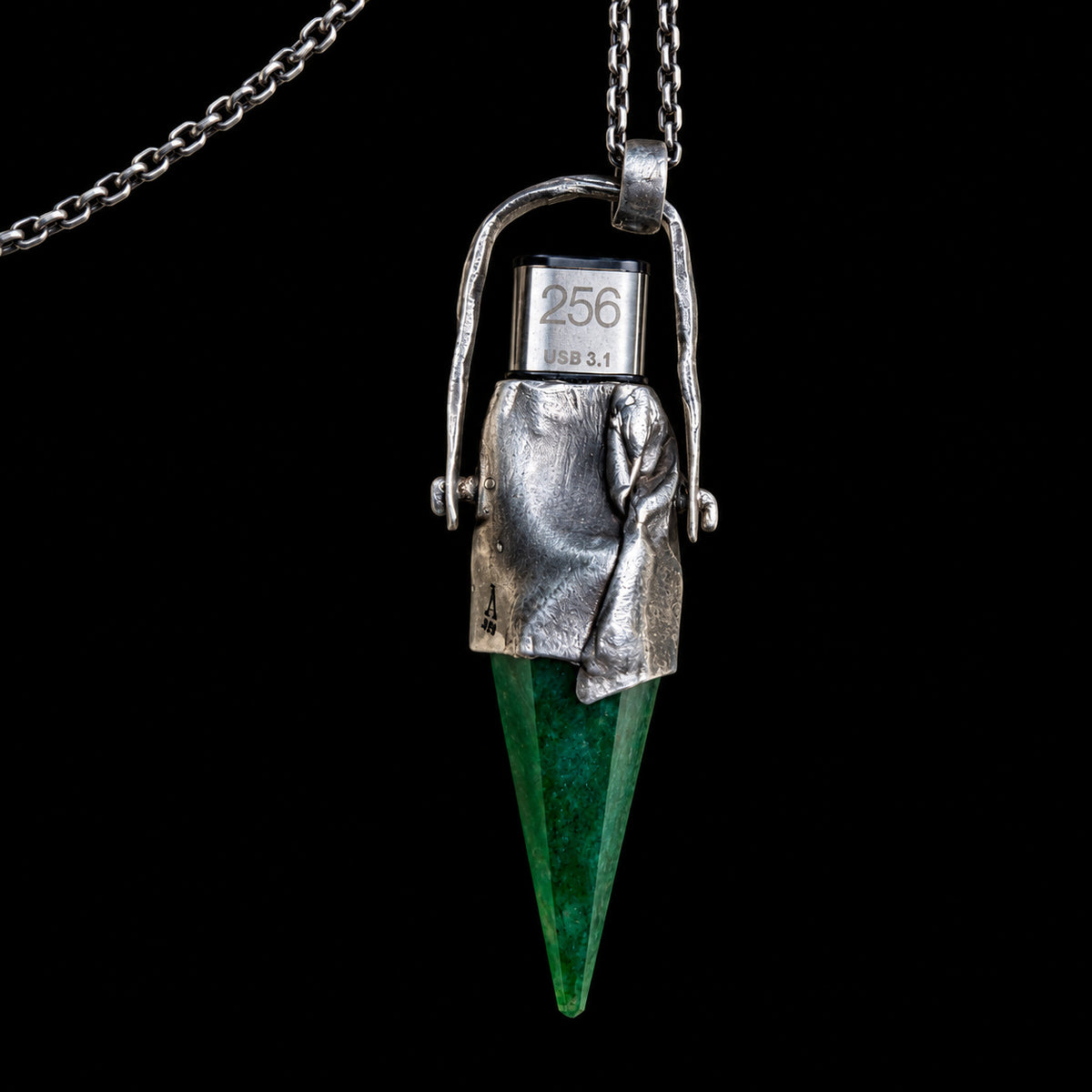 Green Quartz USB Drive Necklace — Sterling Silver