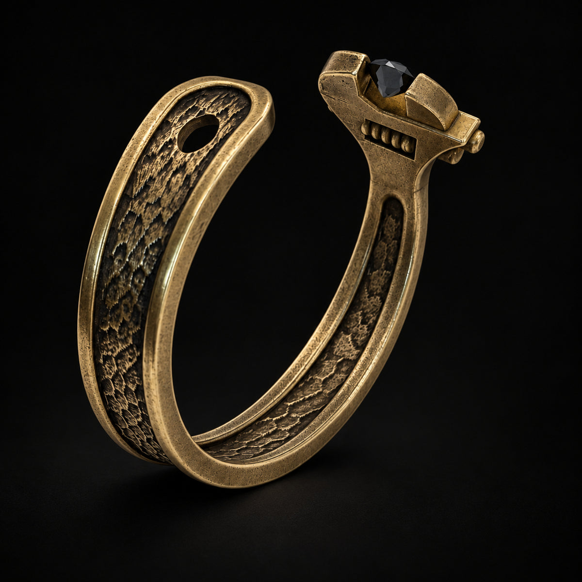 Brass Wrench Cuff Bracelet without a stone, showing open wrench jaws and stone details