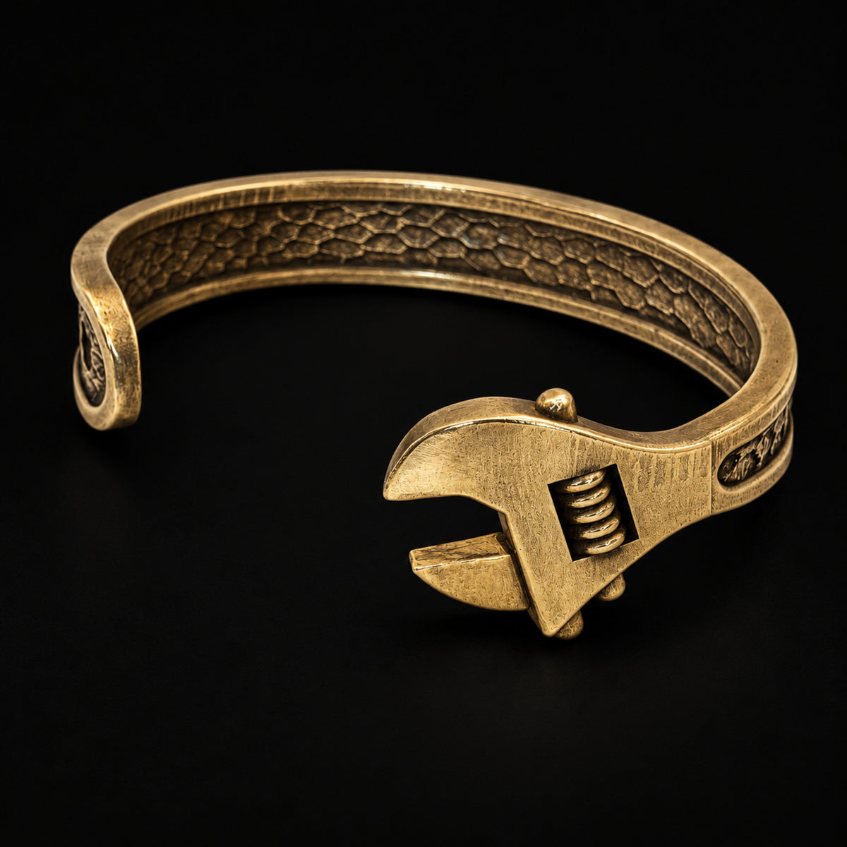 Brass Wrench Cuff Bracelet without a stone, front view, showing open wrench jaws