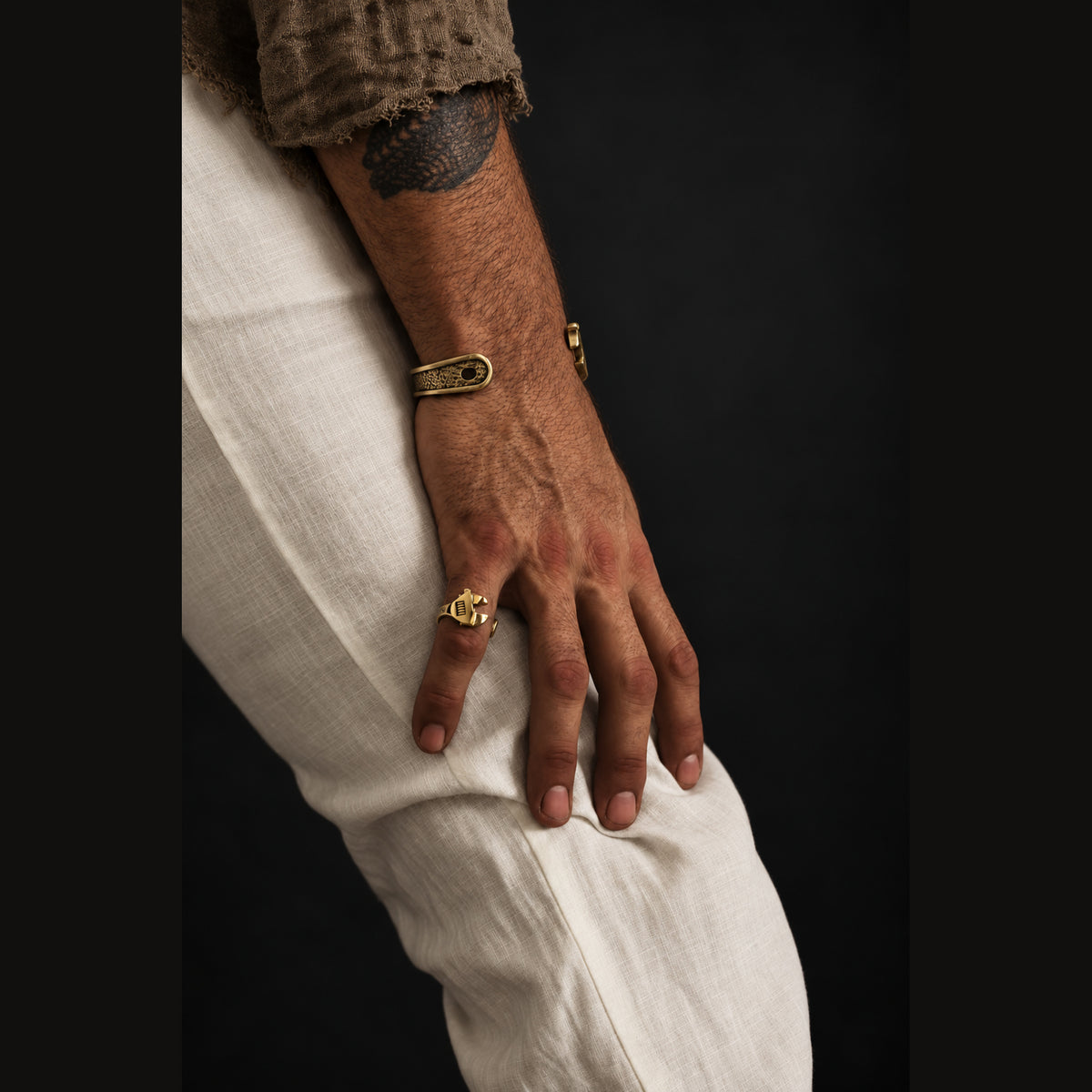 Brass  Wrench Cuff Bracelet worn on the wrist, rear view 
