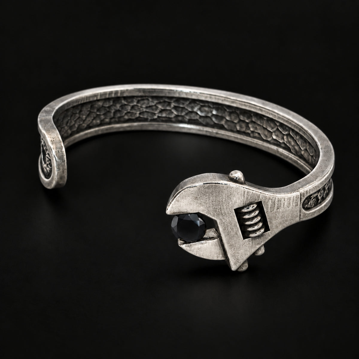 Sterling silver Wrench Cuff Bracelet with a black diamond, front view