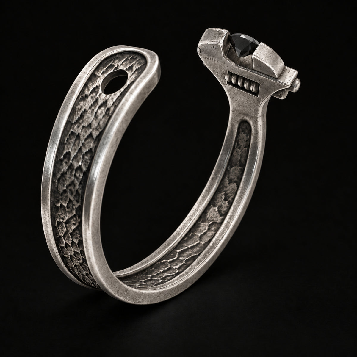 Sterling Silver Wrench Cuff Bracelet without a stone, showing open wrench jaws, stone details
