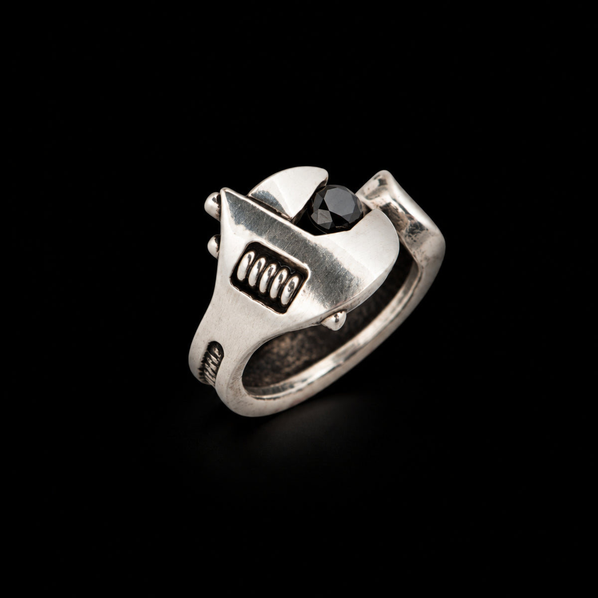 Sterling silver Wrench Ring with round black diamond