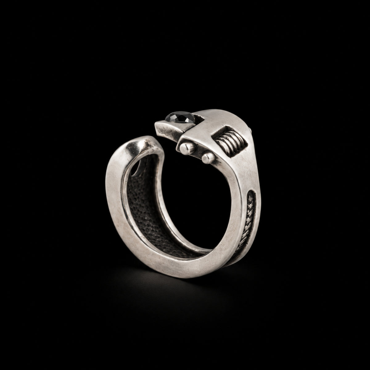 Sterling silver Wrench Ring with black diamond, side view