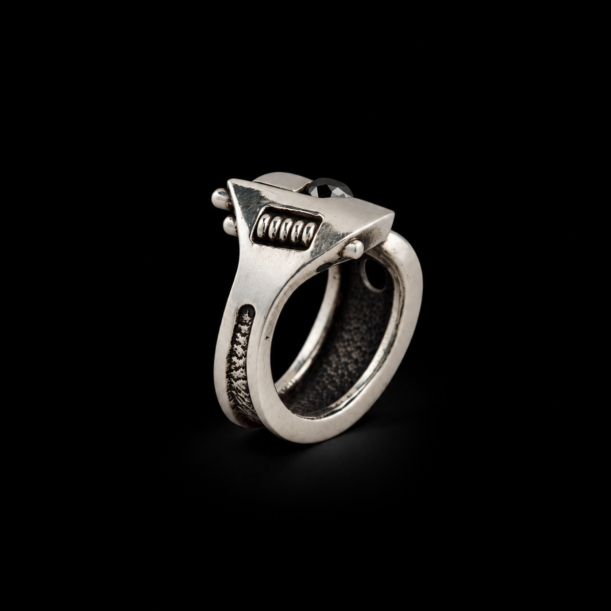 Sterling silver Wrench Ring with black diamond, side view