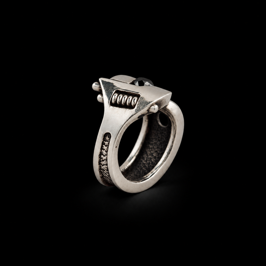 Sterling silver Wrench Ring with black diamond, side view