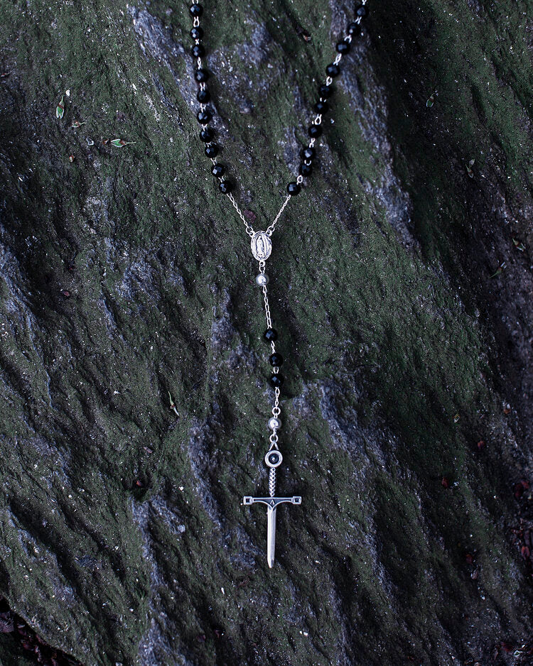Sword Rosary Necklace Sterling Silver Onyx Beads